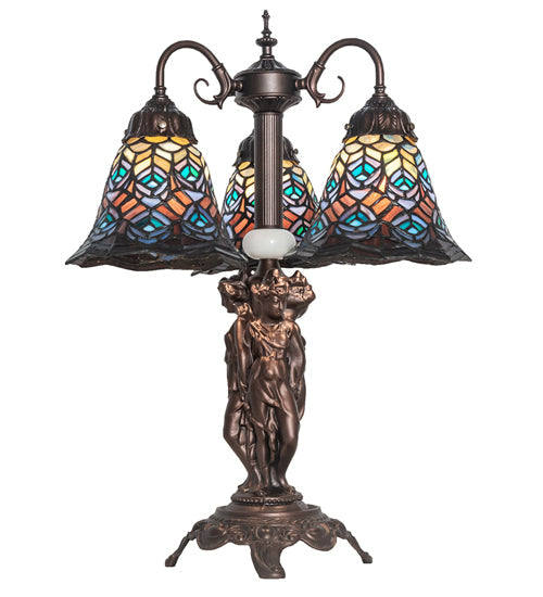 Meyda 23" High Tiffany Peacock Feather 3 Light Table Lamp- 245482