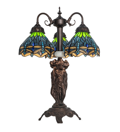 Meyda 23" High Tiffany Hanginghead Dragonfly 3 Light Table Lamp- 245483