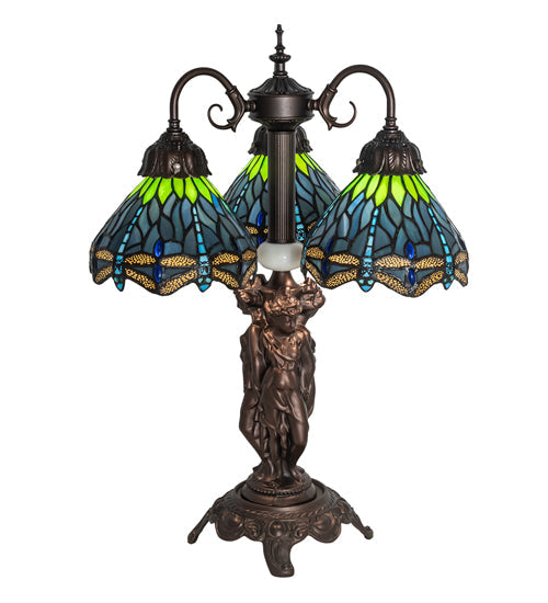 Meyda 23" High Tiffany Hanginghead Dragonfly 3 Light Table Lamp- 245483