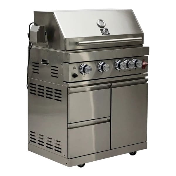 FORNO Bulnes Outdoor Kitchen 30-Inch BBQ 60,000 BTU, with Sear, Rotisserie Infrared Burners, 1.8 Cu.Ft. Beverage Center, & Black/White Countertops