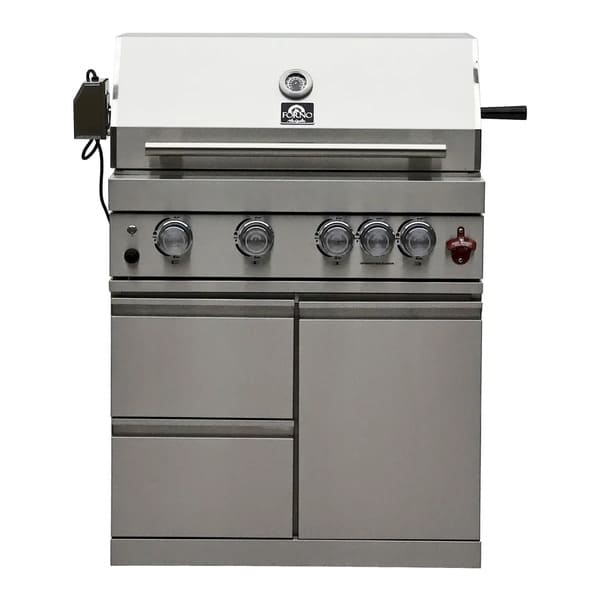 FORNO Bulnes Outdoor Kitchen 30-Inch BBQ 60,000 BTU, with Sear, Rotisserie Infrared Burners, 1.8 Cu.Ft. Beverage Center, & Black/White Countertops