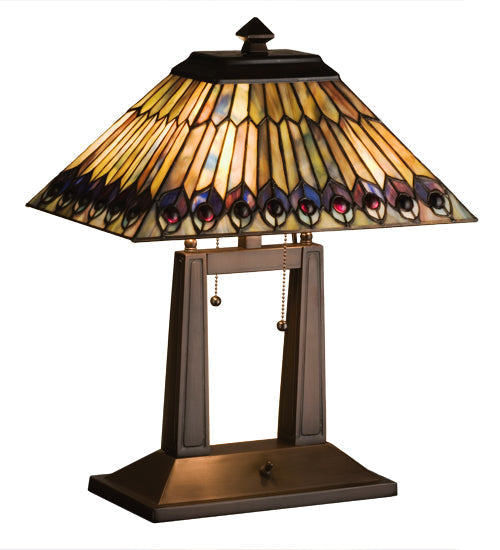 Meyda 20"H Tiffany Jeweled Peacock Oblong Desk Lamp - 26300