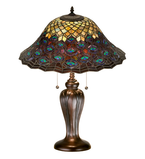 Meyda 25"H Tiffany Peacock Feather Table Lamp 26666