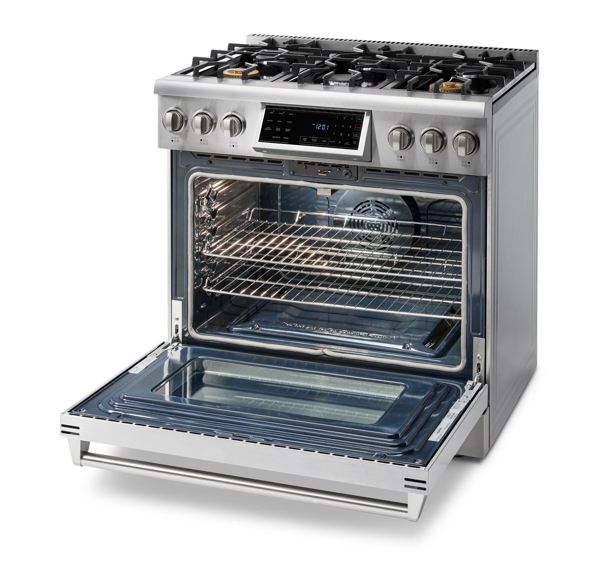 Thor Kitchen 5-Piece Appliance Package - 36-Inch Gas Range with Tilt Panel, French Door Refrigerator, Wall Mount Hood, Dishwasher, and Microwave Drawer in Stainless Steel