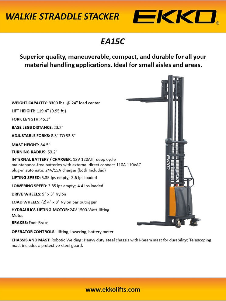 EKKO Semi-Electric Fork-Over Stacker 3300lbs. Cap., 119.3" Height EA15E