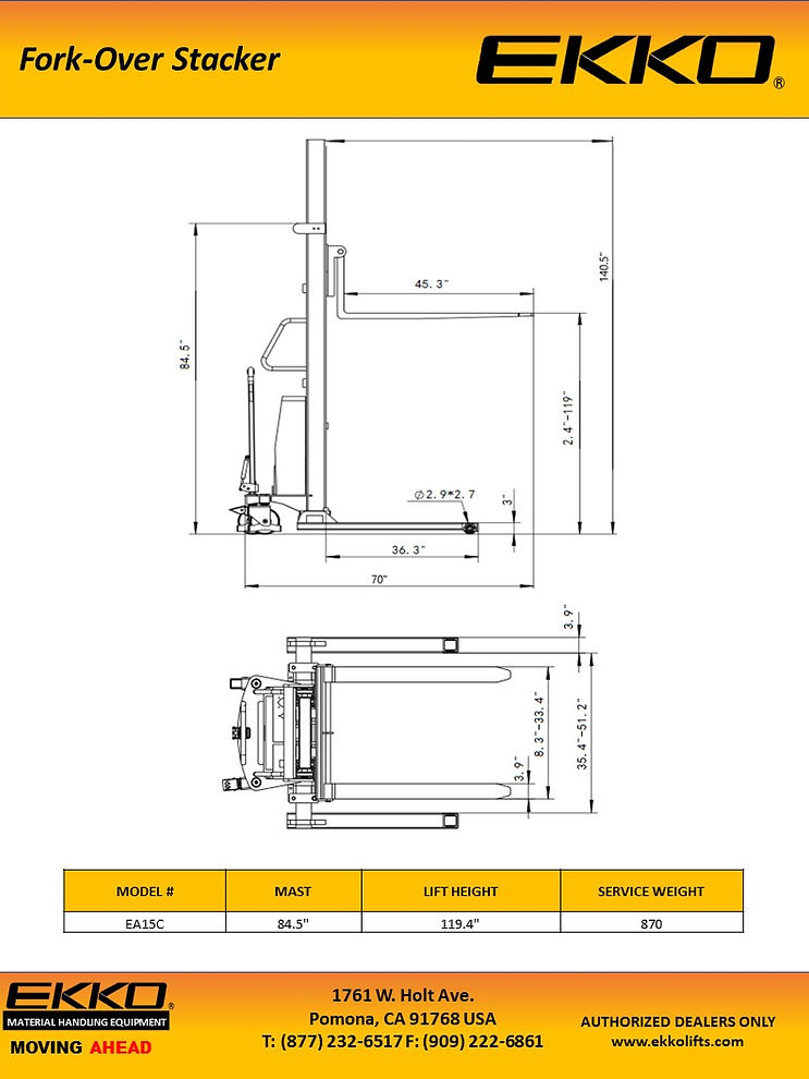 EKKO Semi-Electric Fork-Over Stacker 3300lbs. Cap., 119.3" Height EA15E