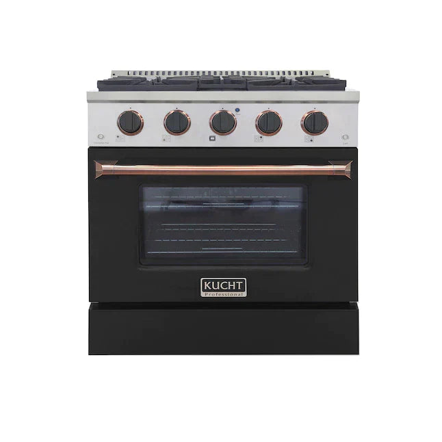Kucht Signature 30-Inch Gas Range with Convection Oven in Black with Black Knobs & Rose Gold Handle KNG301-K-ROSE
