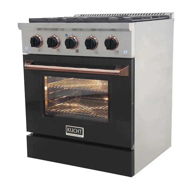 Kucht Signature 30-Inch Gas Range with Convection Oven in Black with Black Knobs & Rose Gold Handle KNG301-K-ROSE