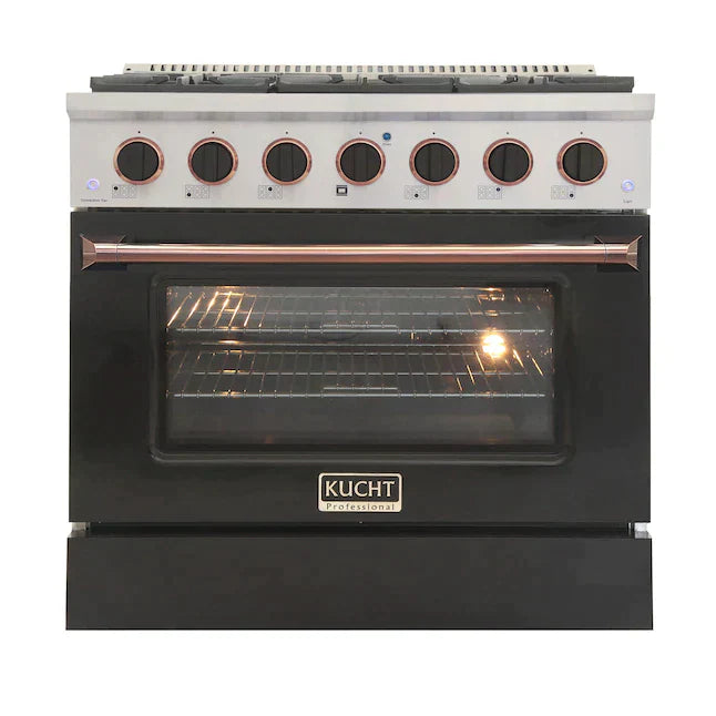 Kucht Signature 36-Inch Gas Range in Black with Black Knobs & Rose Gold Handle KNG361-K-ROSE