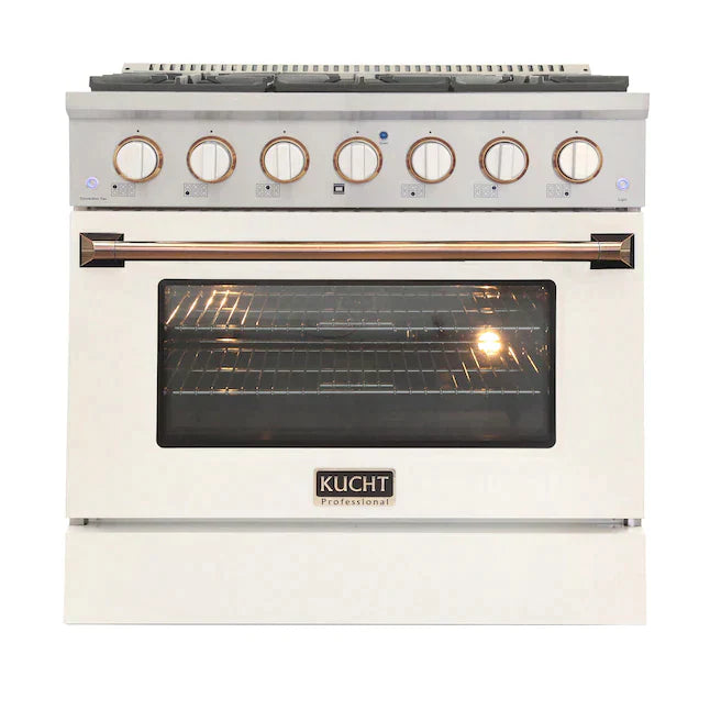 Kucht Series 36-Inch Pro-Style Dual Fuel Range in White Oven Door & Gold Accents KDF362-W-GOLD