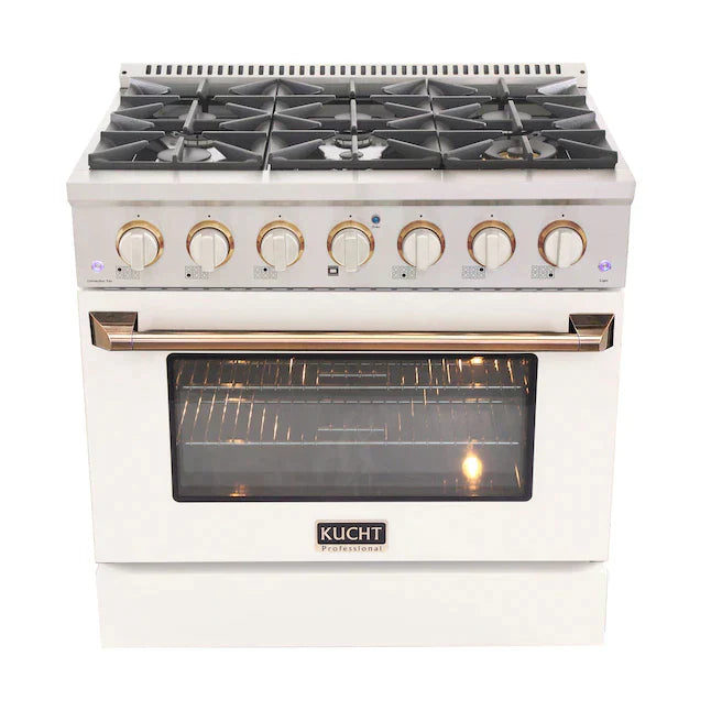 Kucht Series 36-Inch Pro-Style Dual Fuel Range in White Oven Door & Gold Accents KDF362-W-GOLD