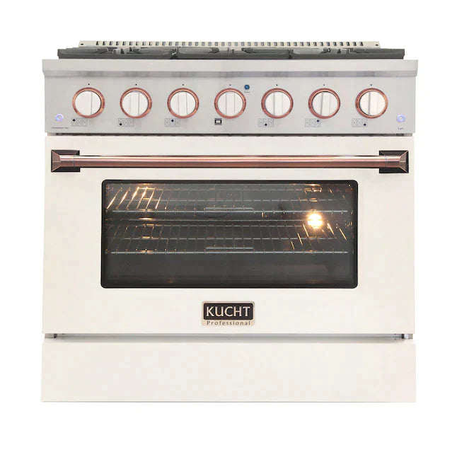Kucht Signature 36-Inch Gas Range with Convection Oven in White with White Knob & Rose Gold Handle KNG361-W-ROSE