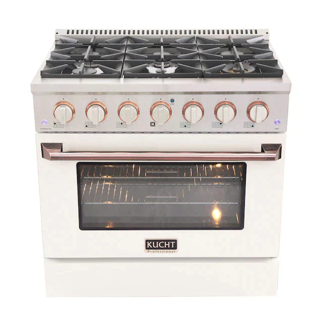 Kucht Signature 36-Inch Gas Range with Convection Oven in White with White Knob & Rose Gold Handle KNG361-W-ROSE
