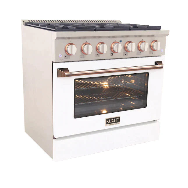 Kucht Signature 36-Inch Gas Range with Convection Oven in White with White Knob & Rose Gold Handle KNG361-W-ROSE