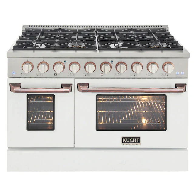 Kucht Signature 48-Inch Pro-Style Dual Fuel Range in Stainless Steel with White Oven Door & Rose Gold KDF482-W-ROSE