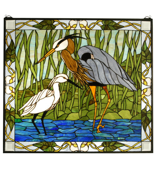 Meyda 30"W X 27"H Blue Heron & Snowy Egret Stained Glass Window '62955