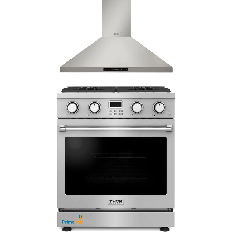 Thor Kitchen 2-Piece Appliance Package - 30-Inch Gas Range and Wall Mount Range Hood in Stainless Steel