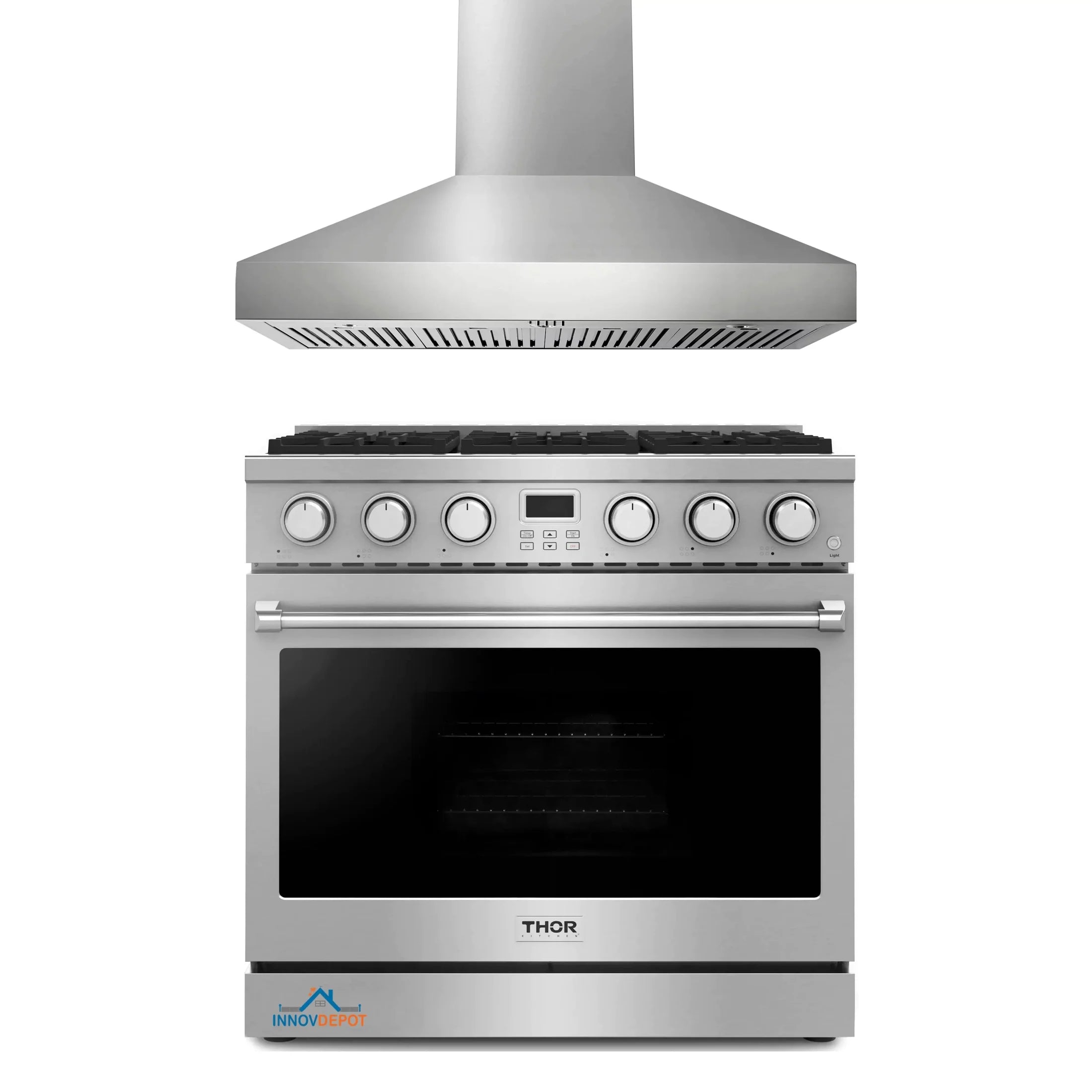 Thor Kitchen 2-Piece Appliance Package - 36-Inch Gas Range and Pro-Style Wall Mount Range Hood in Stainless Steel