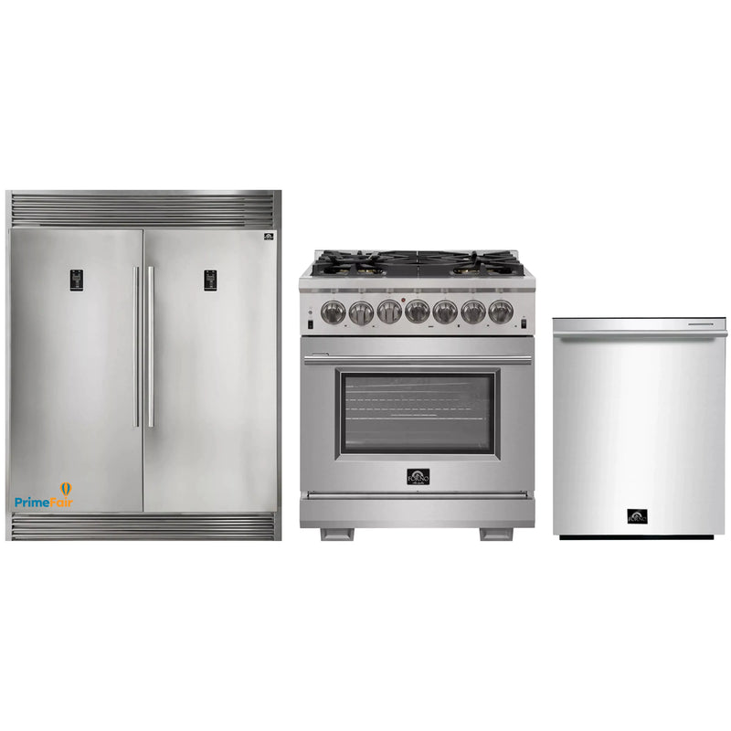 Forno 3-Piece Pro Appliance Package - 30-Inch Dual Fuel Range, Pro-Style Refrigerator, and Dishwasher in Stainless Steel