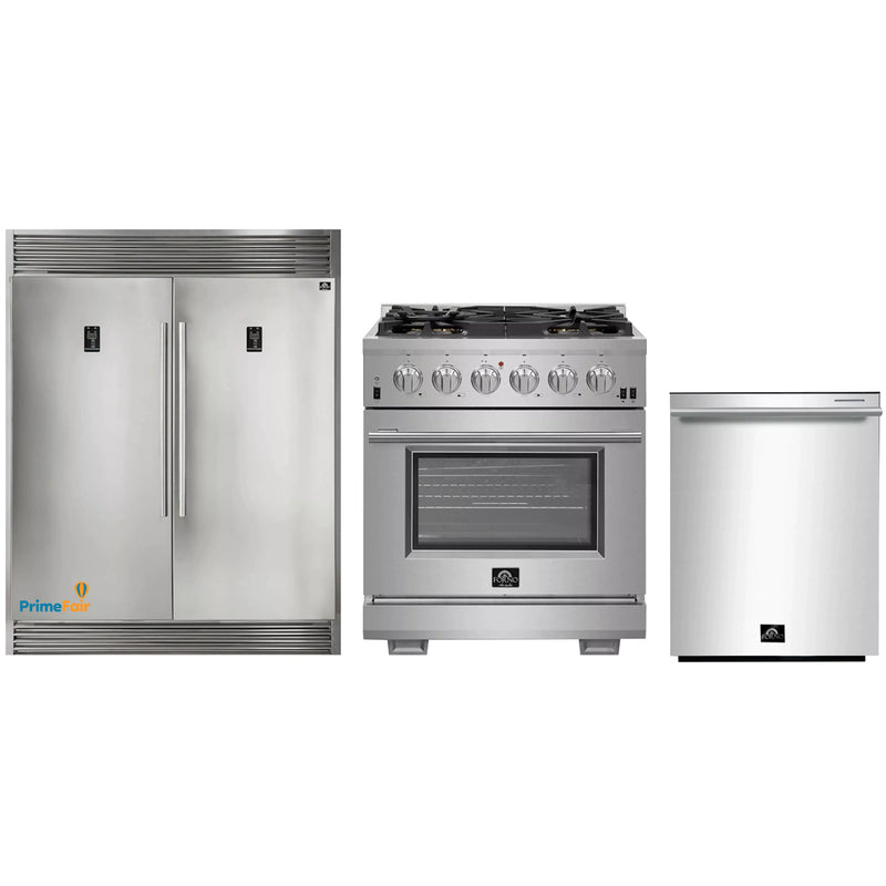 Forno 3-Piece Pro Appliance Package - 30-Inch Gas Range, Pro-Style Refrigerator, and Dishwasher in Stainless Steel