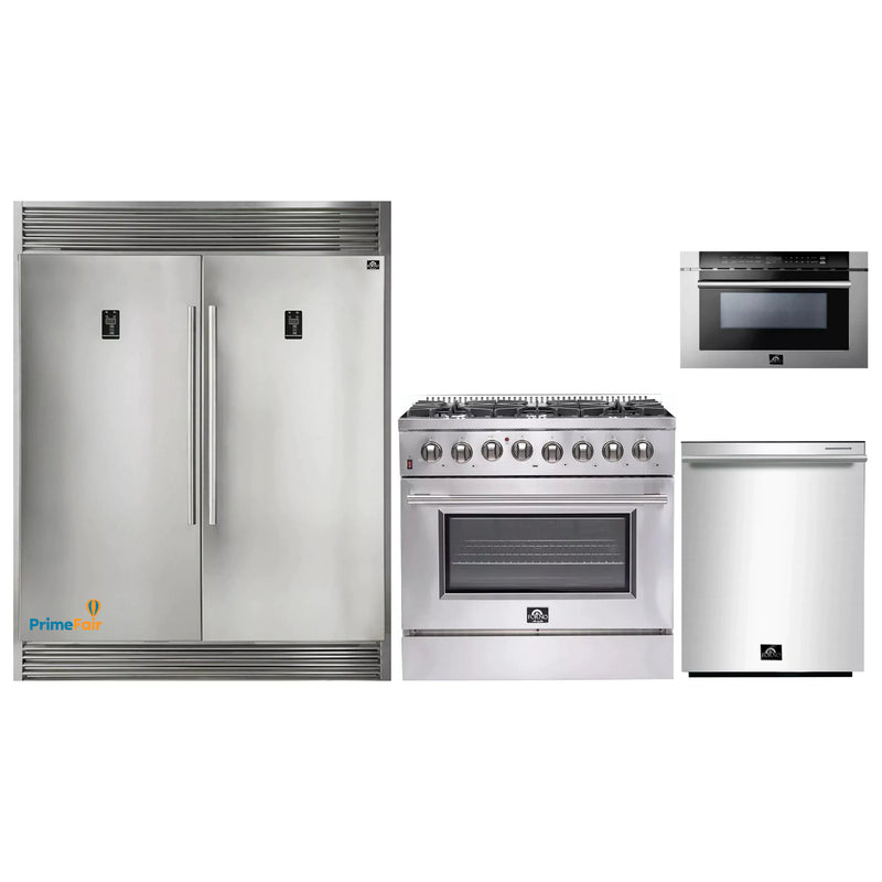 Forno 4-Piece Appliance Package - 36-Inch Dual Fuel Range, 56-Inch Pro-Style Refrigerator, Microwave Drawer, & 3-Rack Dishwasher in Stainless Steel