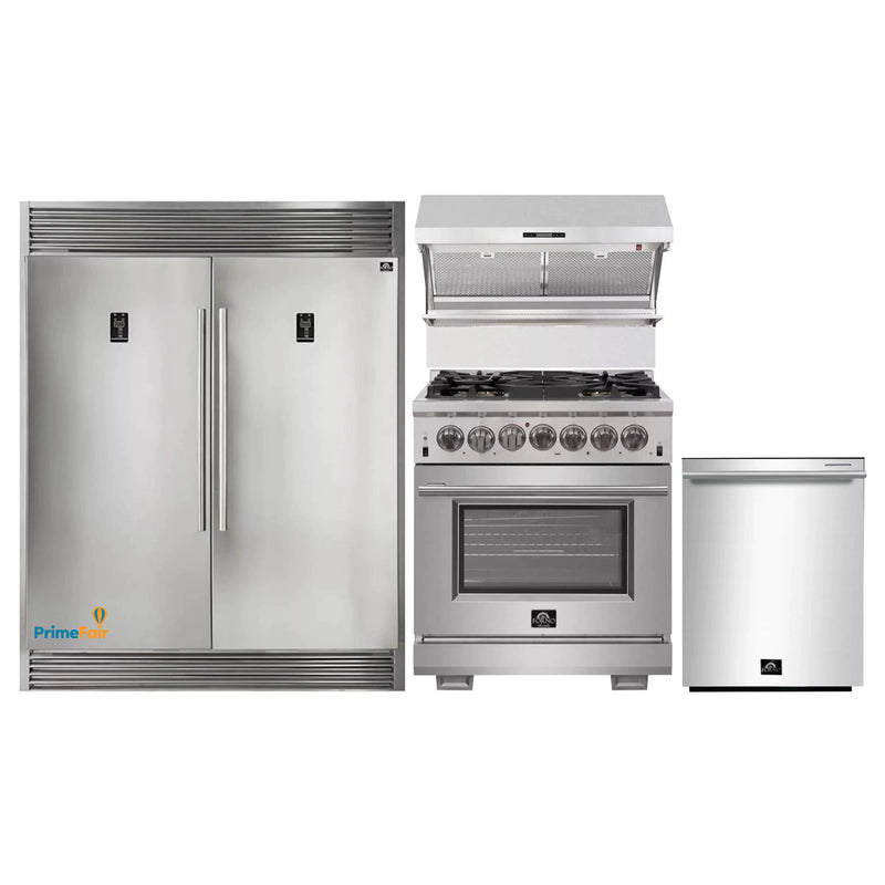 Forno 4-Piece Pro Appliance Package - 30-Inch Dual Fuel Range, Premium Hood, Pro-Style Refrigerator, and Dishwasher in Stainless Steel