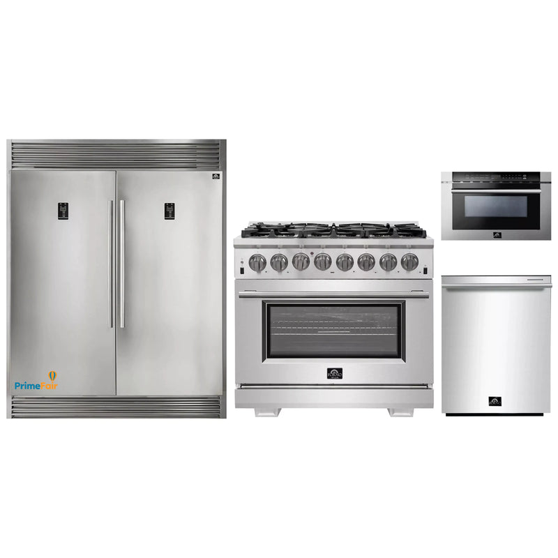 Forno 4-Piece Pro Appliance Package - 36-Inch Dual Fuel Range, 56-Inch Pro-Style Refrigerator, Microwave Drawer, & 3-Rack Dishwasher in Stainless Steel