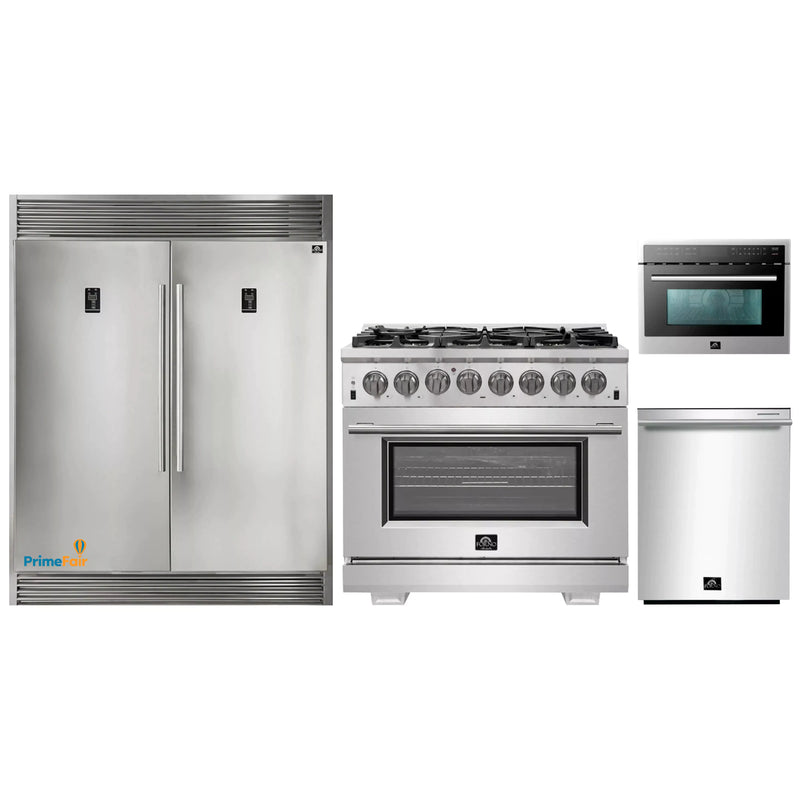 Forno 4-Piece Pro Appliance Package - 36-Inch Dual Fuel Range, 56-Inch Pro-Style Refrigerator, Microwave Oven, & 3-Rack Dishwasher in Stainless Steel