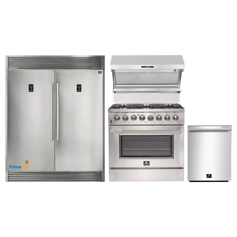 Forno 4-Piece Pro Appliance Package - 36-Inch Dual Fuel Range, Pro-Style Refrigerator, Wall Mount Hood with Backsplash, and Dishwasher in Stainless Steel