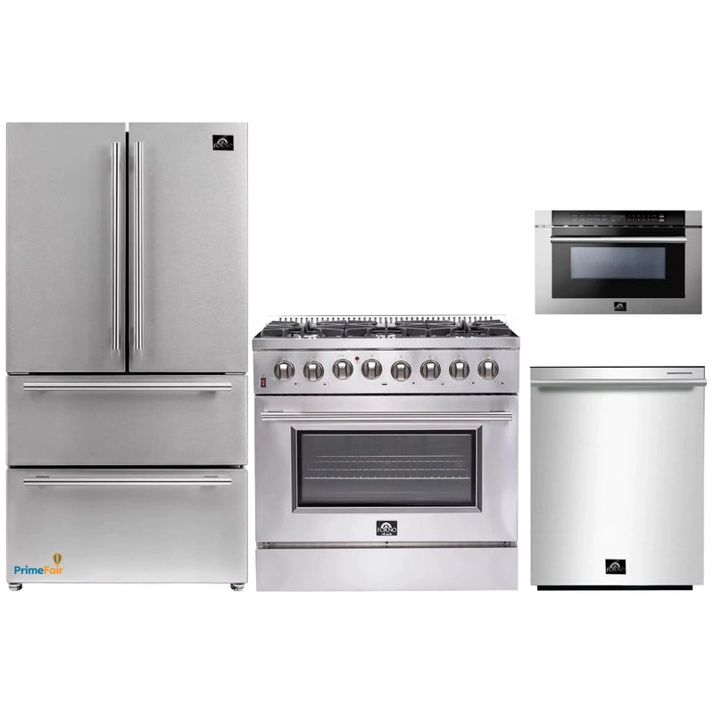 Forno 4-Piece Appliance Package - 36-Inch Dual Fuel Range, Refrigerator, Microwave Drawer, & 3-Rack Dishwasher in Stainless Steel