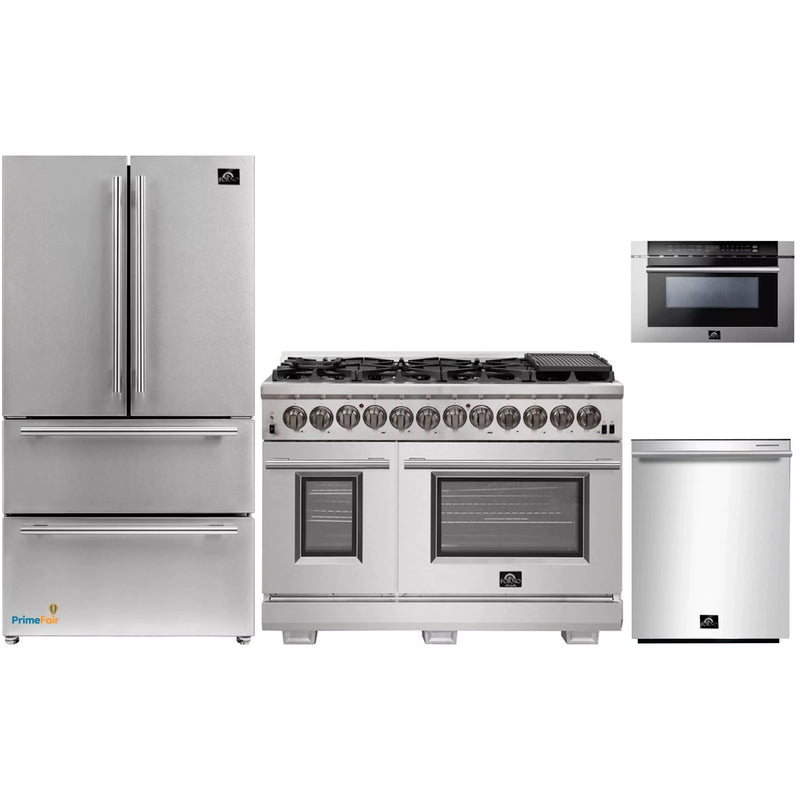 Forno 4-Piece Pro Appliance Package - 48-Inch Dual Fuel Range, Refrigerator, Microwave Drawer, & 3-Rack Dishwasher in Stainless Steel