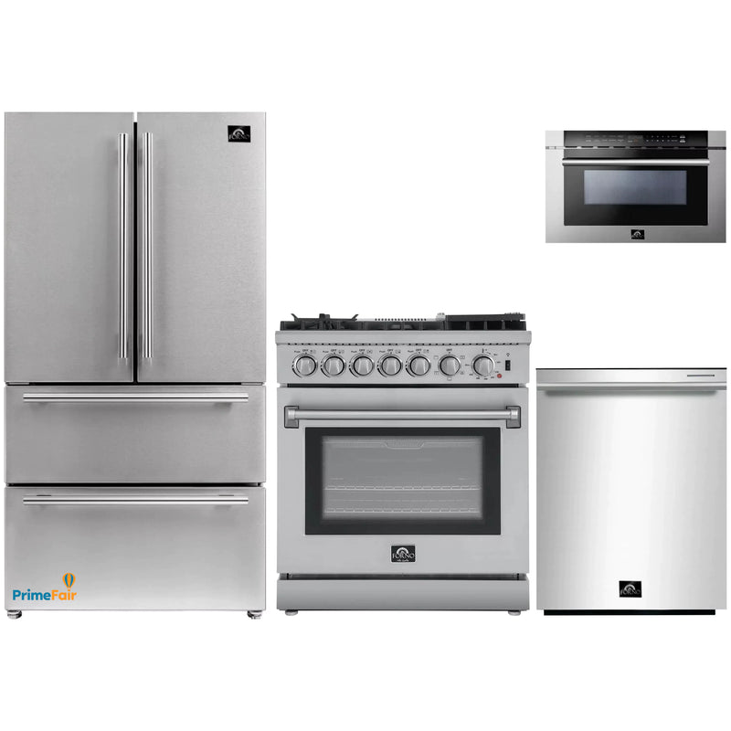 Forno 4-Piece Appliance Package - 30-Inch Dual Fuel Range with Air Fryer, Refrigerator, Microwave Drawer, & 3-Rack Dishwasher in Stainless Steel