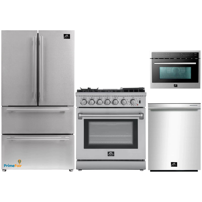 Forno 4-Piece Appliance Package - 30-Inch Dual Fuel Range with Air Fryer, Refrigerator, Microwave Oven, & 3-Rack Dishwasher in Stainless Steel