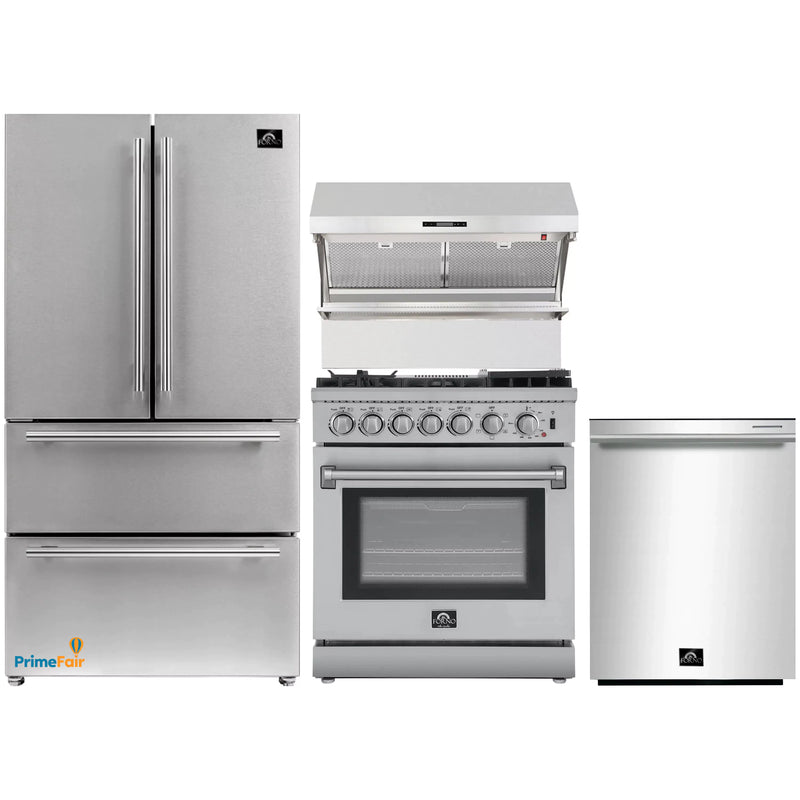 Forno 4-Piece Appliance Package - 30-Inch Dual Fuel Range with Air Fryer, Refrigerator, Wall Mount Hood with Backsplash, & 3-Rack Dishwasher in Stainless Steel