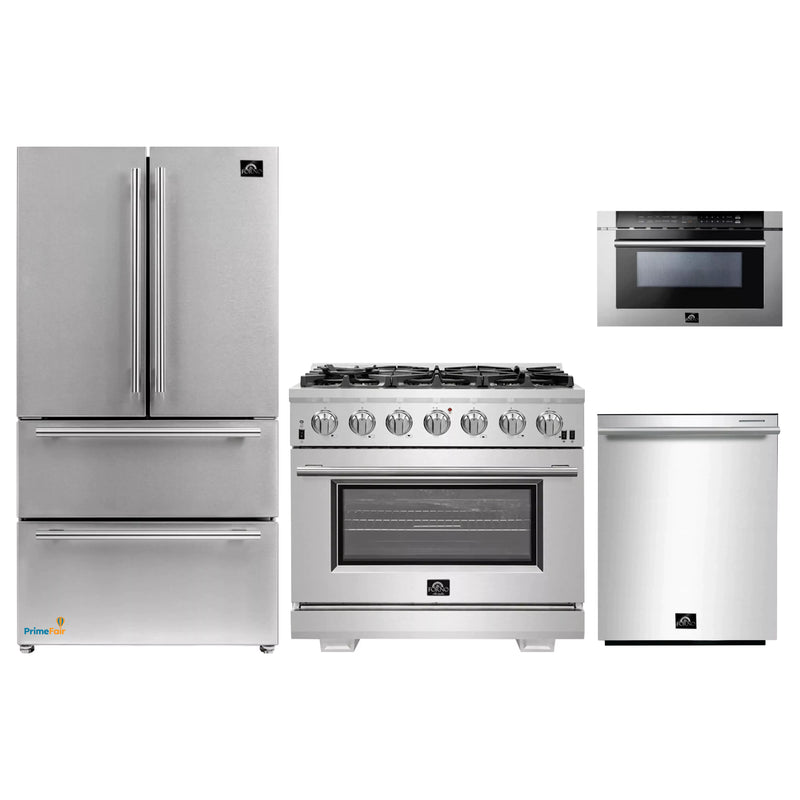 Forno 4-Piece Pro Appliance Package - 36-Inch Gas Range, Refrigerator, Microwave Drawer, & 3-Rack Dishwasher in Stainless Steel