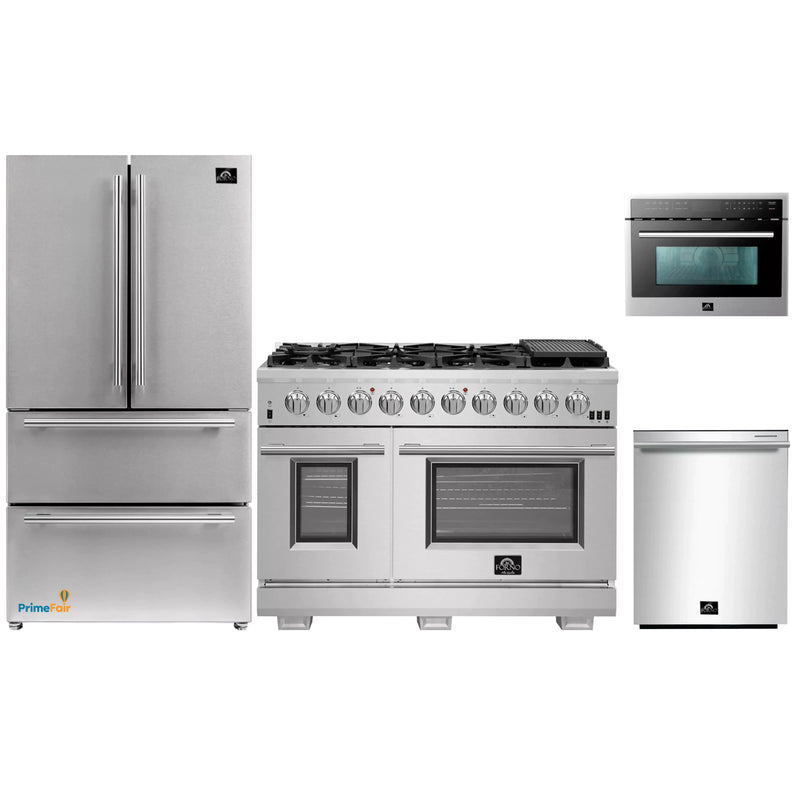 Forno 4-Piece Pro Appliance Package - 48-Inch Gas Range, Refrigerator, Microwave Oven, & 3-Rack Dishwasher in Stainless Steel