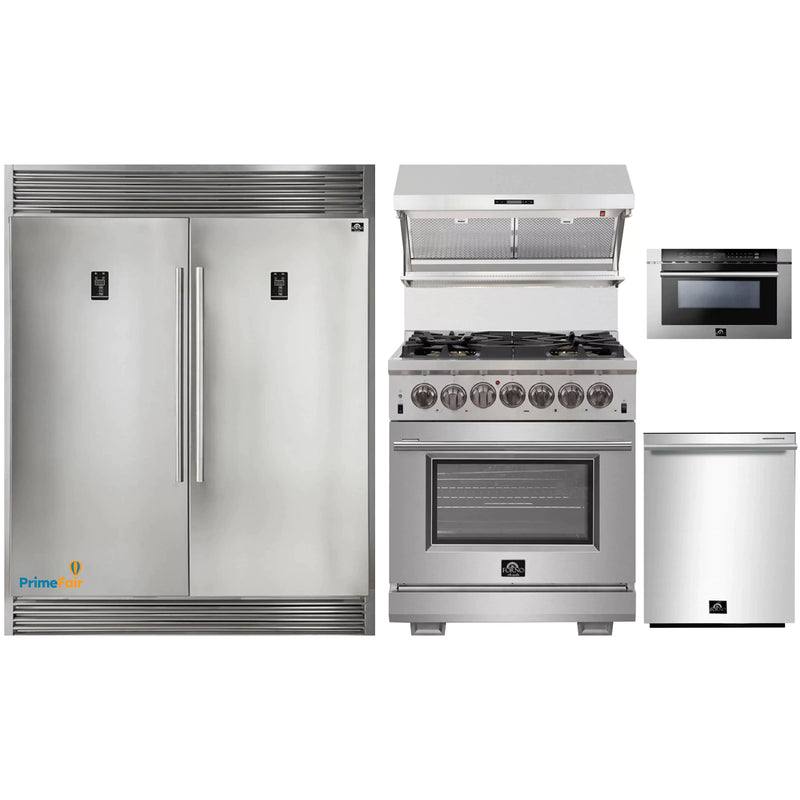 Forno 5-Piece Pro Appliance Package - 30-Inch Dual Fuel Range, 56-Inch Pro-Style Refrigerator, Wall Mount Hood with Backsplash, Microwave Drawer, & 3-Rack Dishwasher in Stainless Steel