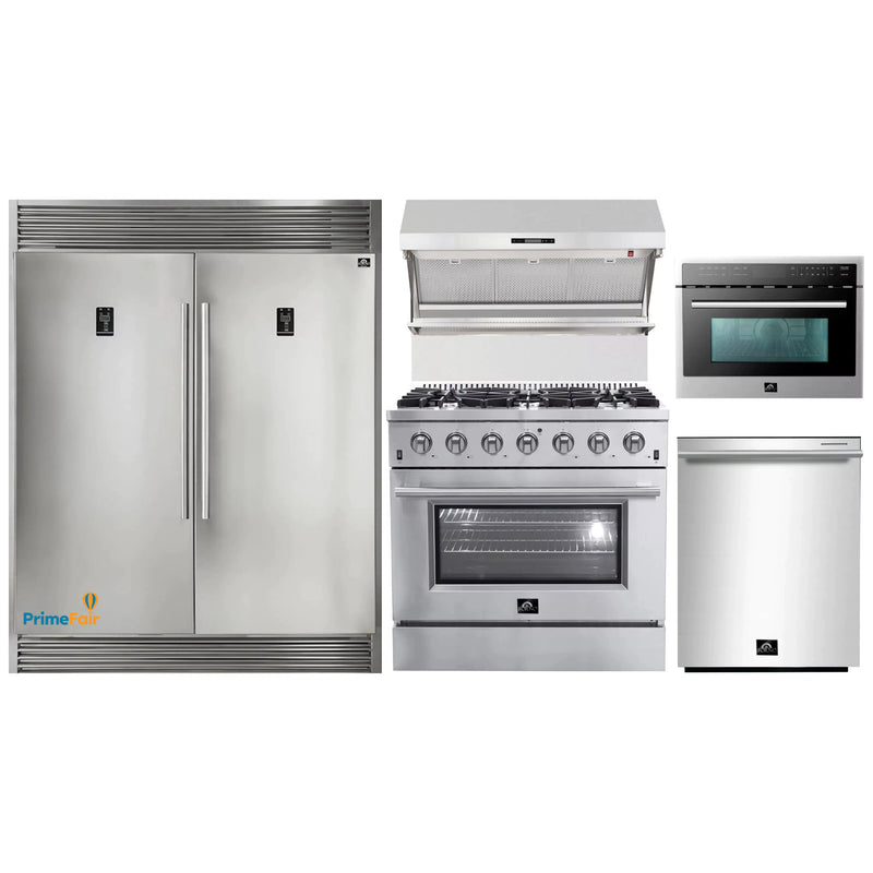 Forno 5-Piece Appliance Package - 36-Inch Gas Range, 56-Inch Pro-Style Refrigerator, Wall Mount Hood with Backsplash, Microwave Oven, & 3-Rack Dishwasher in Stainless Steel