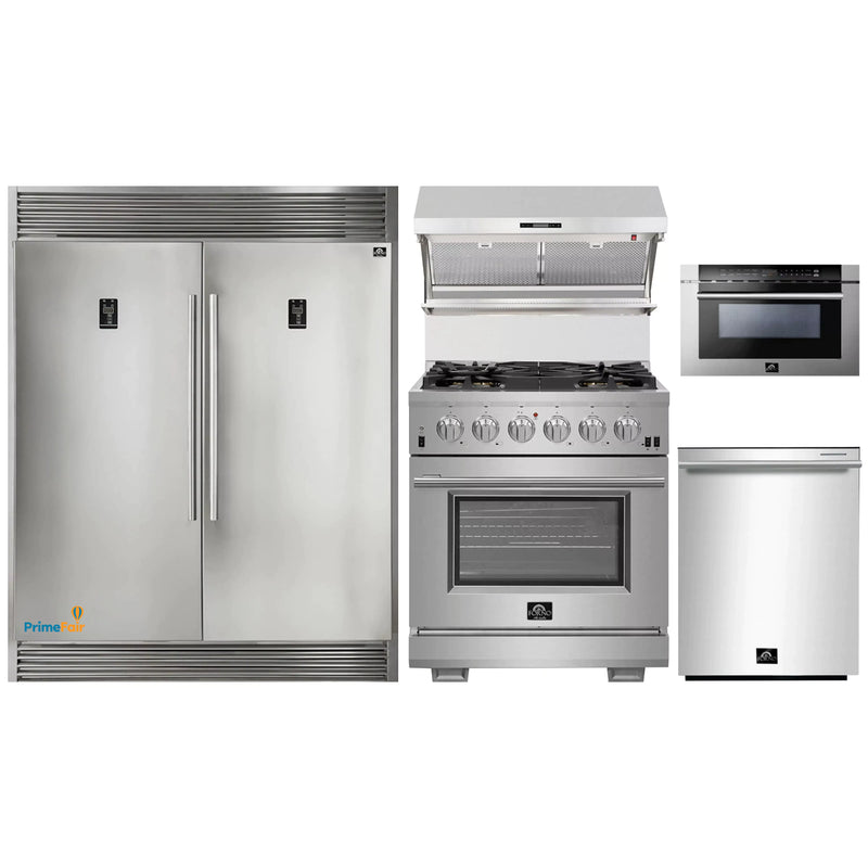 Forno 5-Piece Pro Appliance Package - 30-Inch Gas Range, 56-Inch Pro-Style Refrigerator, Wall Mount Hood with Backsplash, Microwave Drawer, & 3-Rack Dishwasher in Stainless Steel