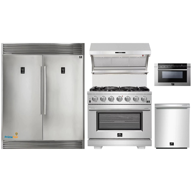 Forno 5-Piece Pro Appliance Package - 36-Inch Gas Range, 56-Inch Pro-Style Refrigerator, Wall Mount Hood with Backsplash, Microwave Drawer, & 3-Rack Dishwasher in Stainless Steel