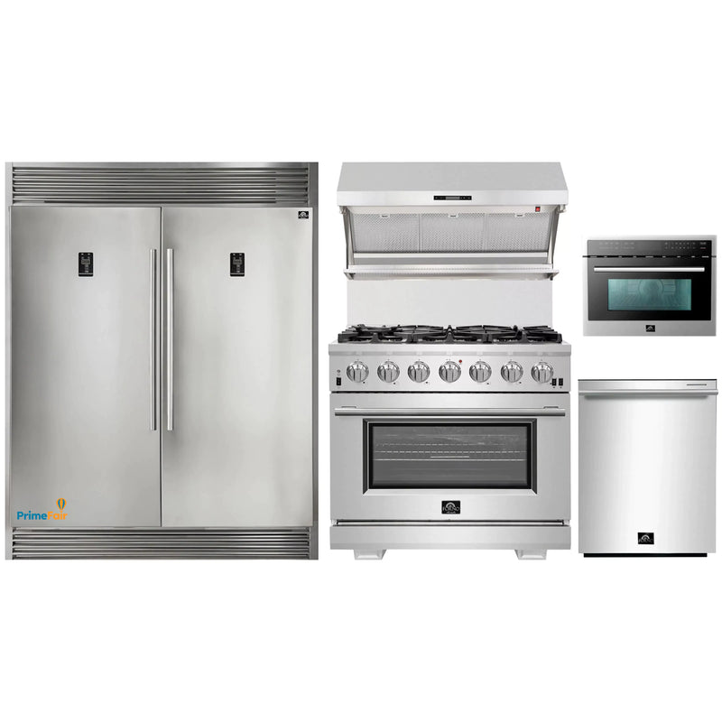 Forno 5-Piece Pro Appliance Package - 36-Inch Gas Range, 56-Inch Pro-Style Refrigerator, Wall Mount Hood with Backsplash, Microwave Oven, & 3-Rack Dishwasher in Stainless Steel