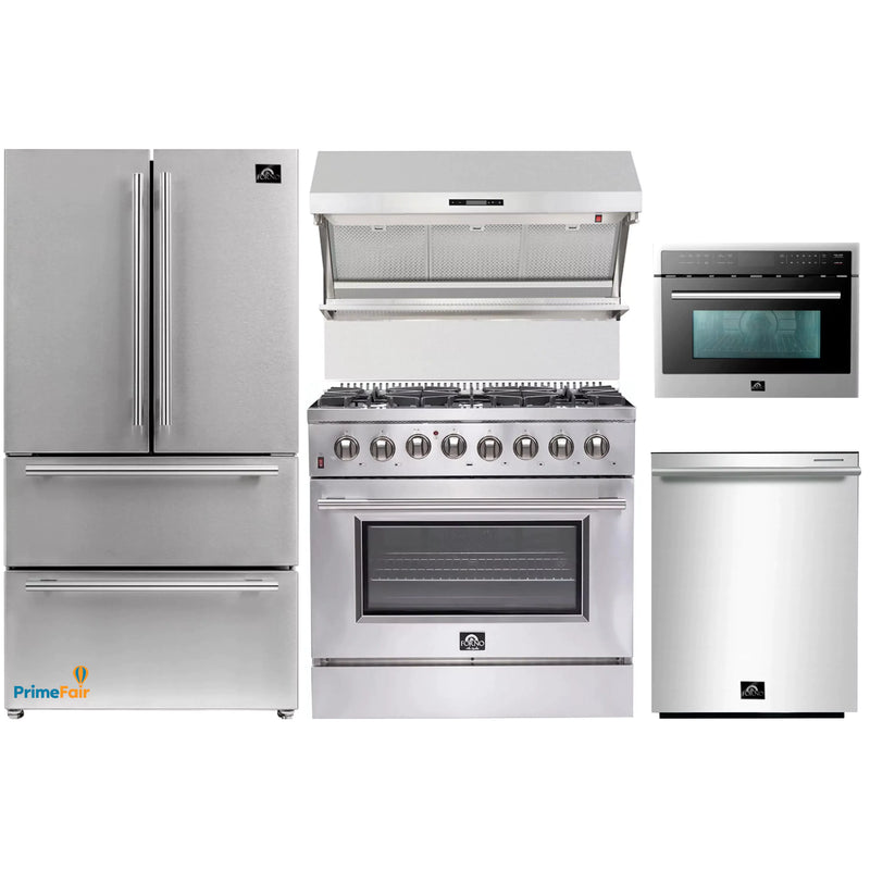 Forno 5-Piece Appliance Package - 36-Inch Dual Fuel Range, Refrigerator, Wall Mount Hood with Backsplash, Microwave Oven, & 3-Rack Dishwasher in Stainless Steel