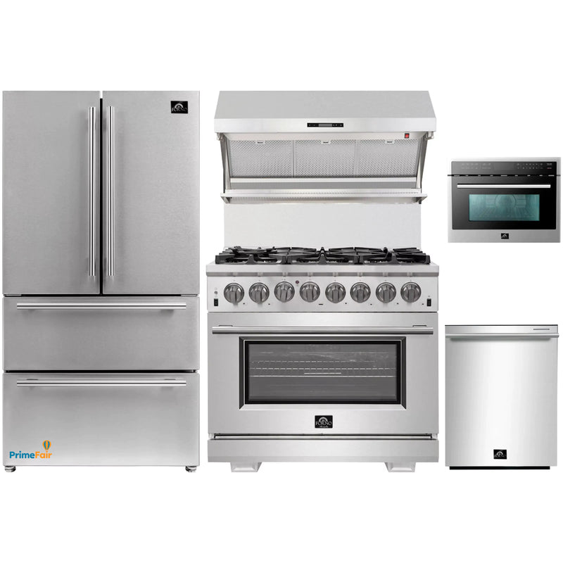 Forno 5-Piece Pro Appliance Package - 36-Inch Dual Fuel Range, Refrigerator, Wall Mount Hood with Backsplash, Microwave Oven, & 3-Rack Dishwasher in Stainless Steel