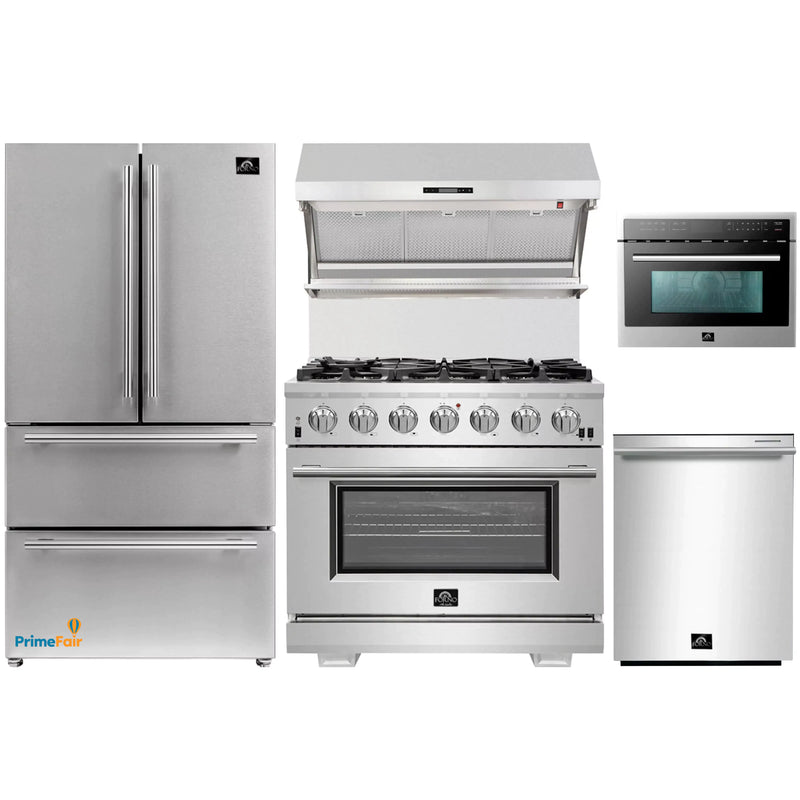Forno 5-Piece Pro Appliance Package - 36-Inch Gas Range, Refrigerator, Wall Mount Hood with Backsplash, Microwave Oven, & 3-Rack Dishwasher in Stainless Steel