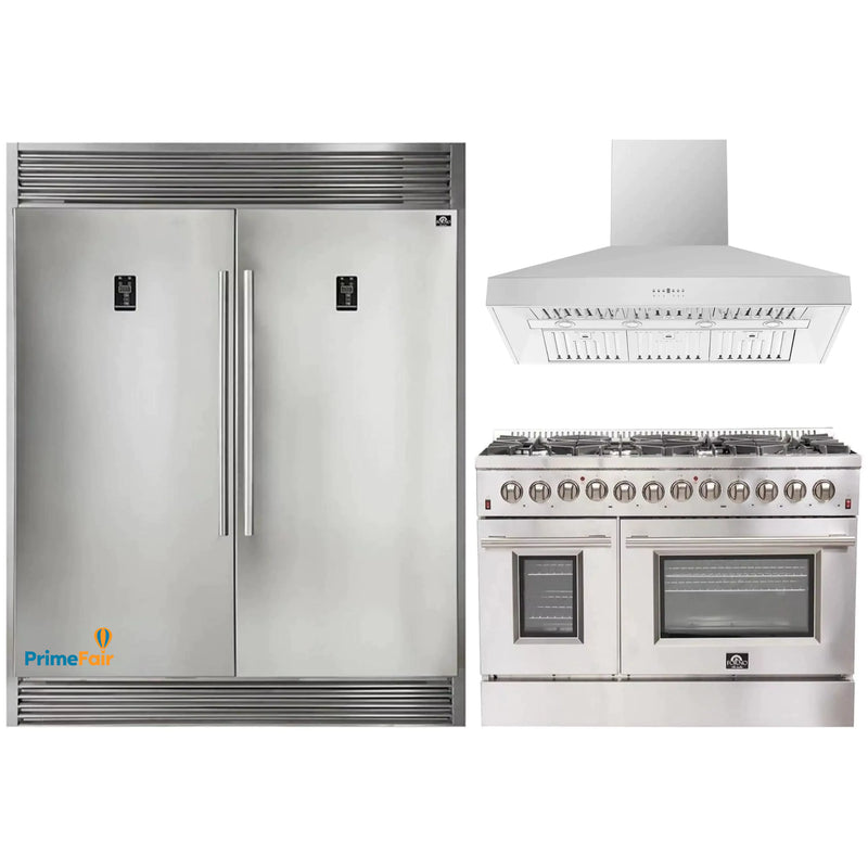 Forno 3-Piece Appliance Package - 48-Inch Gas Range, 56-Inch Pro-Style Refrigerator & Wall Mount Hood in Stainless Steel