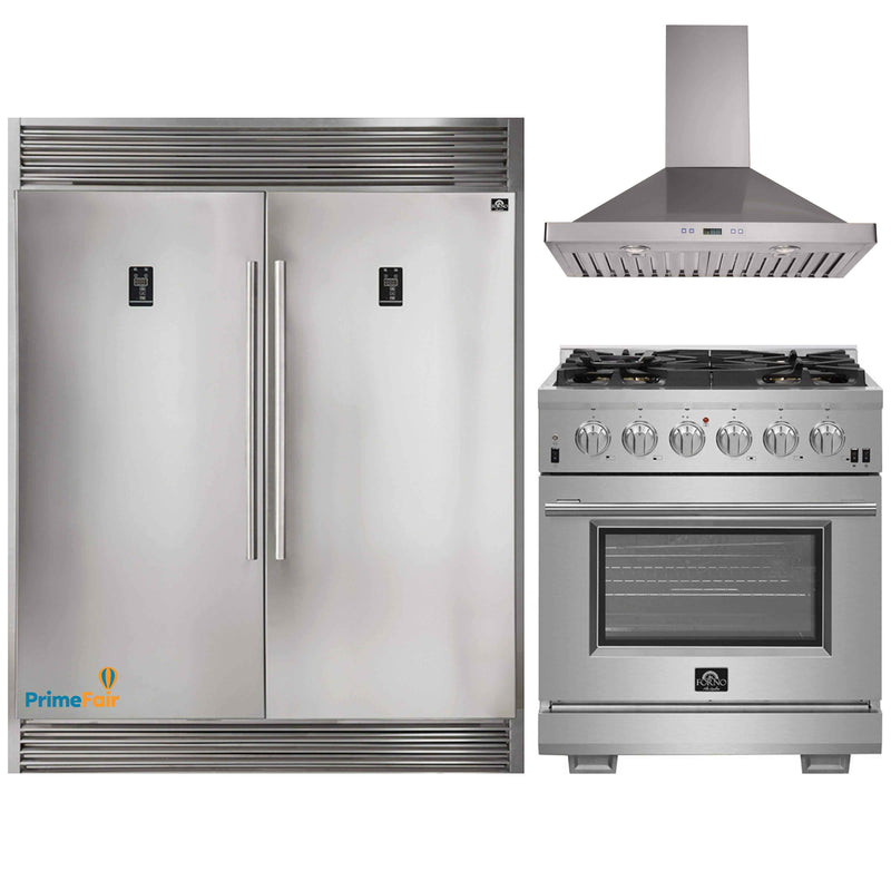 Forno 3-Piece Pro Appliance Package - 30-Inch Gas Range, 56-Inch Pro-Style Refrigerator & Wall Mount Hood in Stainless Steel