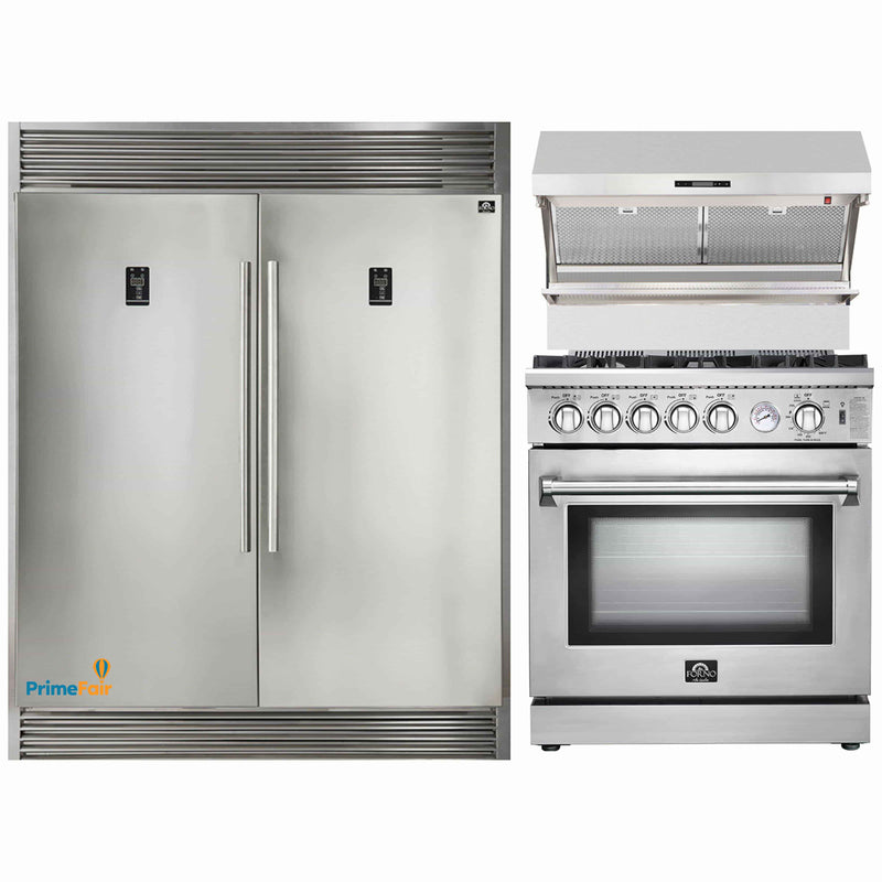 Forno 3-Piece Appliance Package - 30-Inch Gas Range, 56-Inch Pro-Style Refrigerator & Wall Mount Hood with Backsplash in Stainless Steel