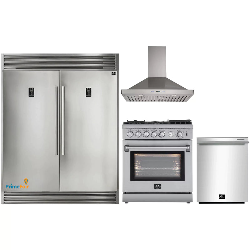 Forno 4-Piece Appliance Package - 30-Inch Gas Range with Air Fryer, 56-Inch Pro-Style Refrigerator, Wall Mount Hood, & 3-Rack Dishwasher in Stainless Steel