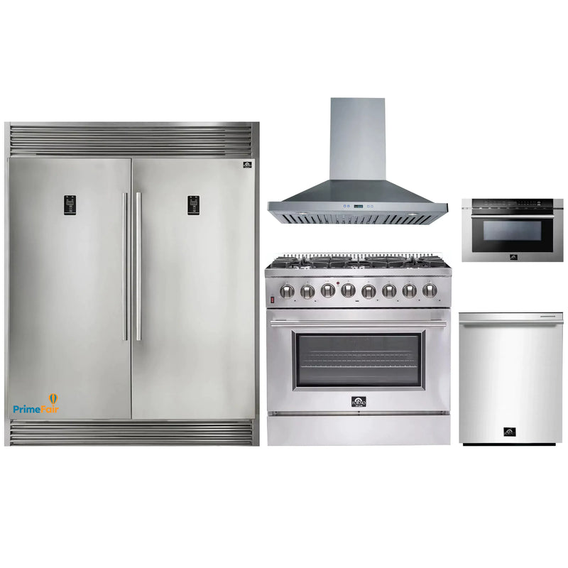 Forno 5-Piece Appliance Package - 36-Inch Dual Fuel Range, 56-Inch Pro-Style Refrigerator, Wall Mount Hood, Microwave Drawer, & 3-Rack Dishwasher in Stainless Steel