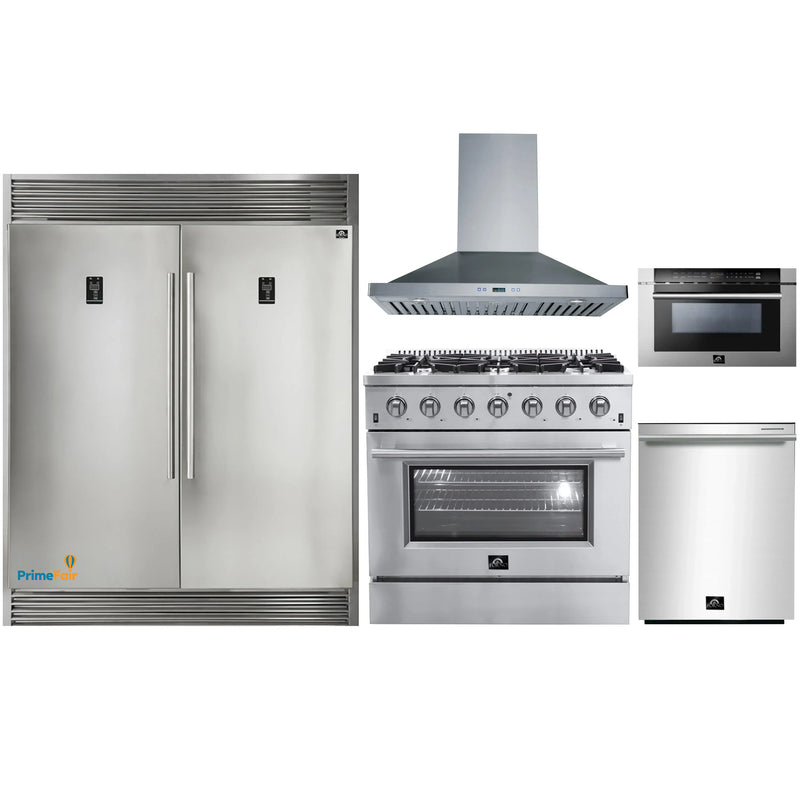 Forno 5-Piece Appliance Package - 36-Inch Gas Range, 56-Inch Pro-Style Refrigerator, Wall Mount Hood, Microwave Drawer, & 3-Rack Dishwasher in Stainless Steel